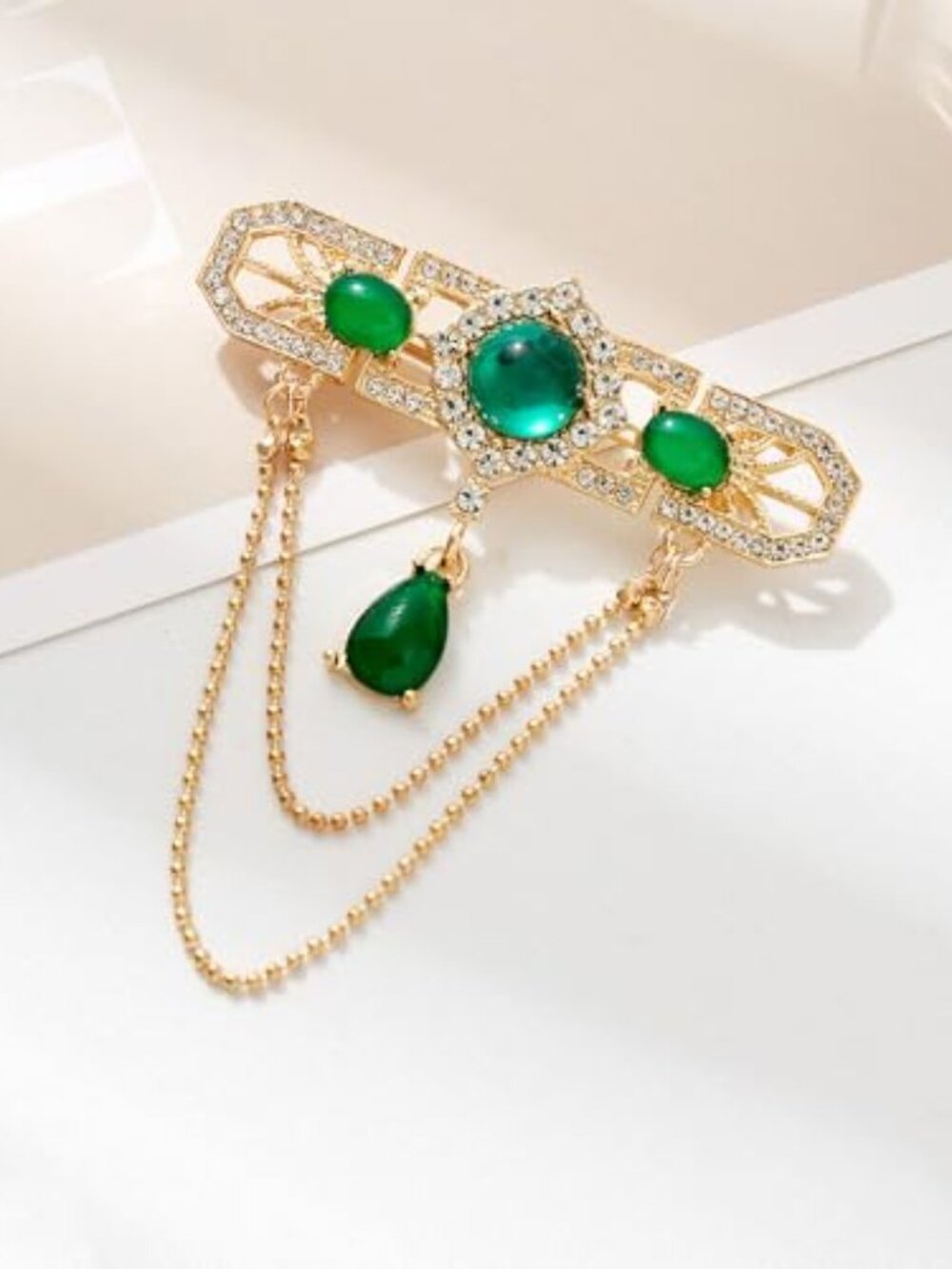 Green CZ Rectangle Teardrop Dangle Chain Tassel Brooch Lapel Pins‎